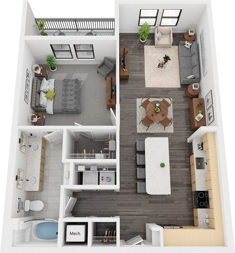 Floor plan for 1 bed, 1 bath, 937 sqft